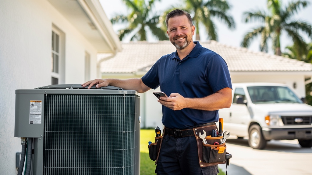 Air conditioning company owner beside a condenser, his phone full of booked jobs