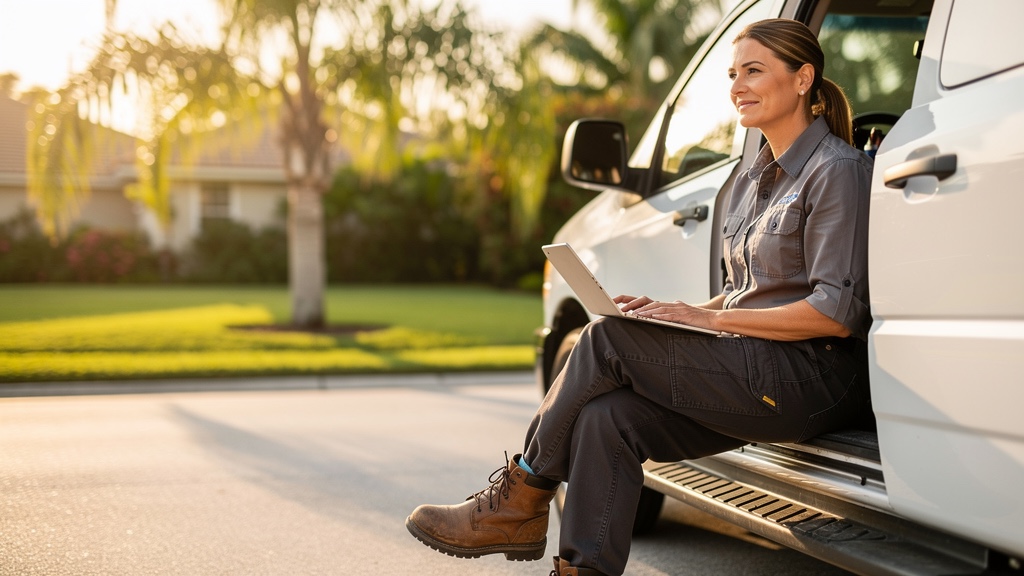 Business owner checking her next booked job from her service van