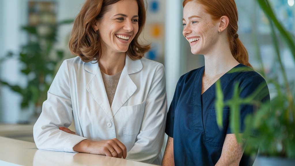 Practice owner and her front office lead smiling at the front desk of their clinic
